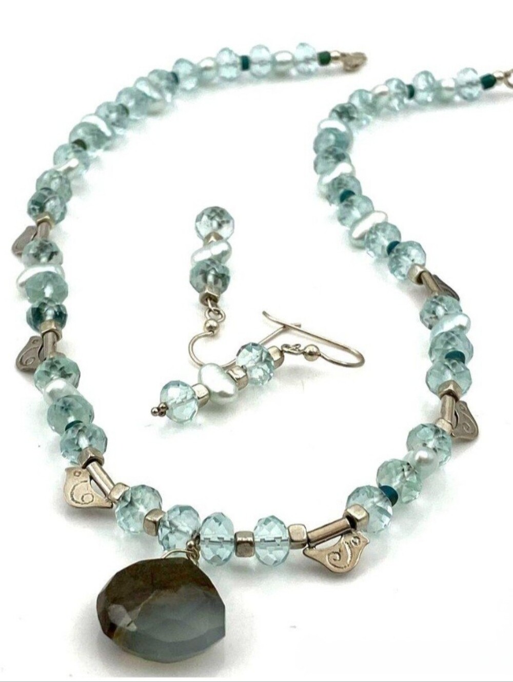 925 Sterling Light Aqua Bead/Pearl Necklace and Earrings Set with Smoky Pendant